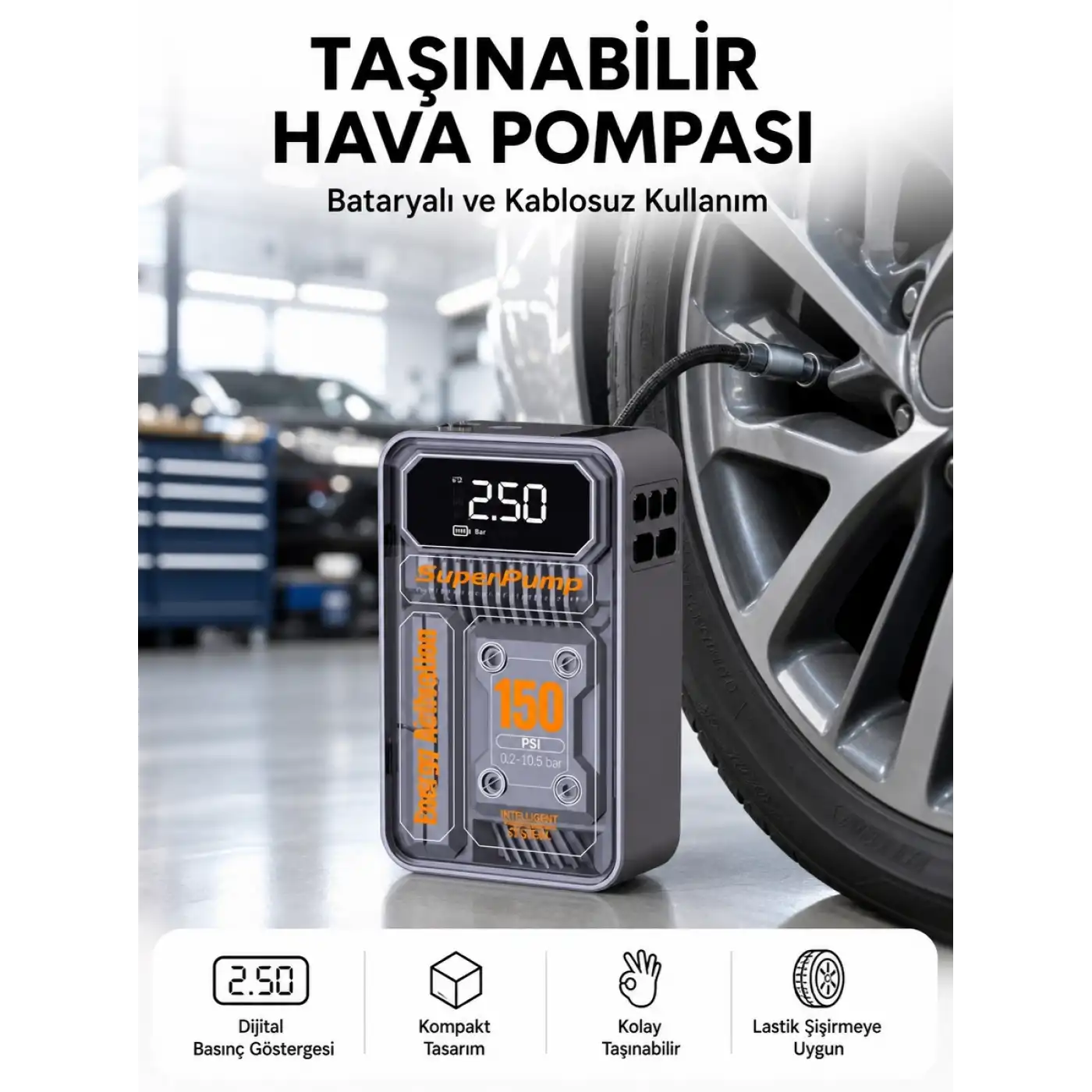 6000mAh Bataryalı LED Ekranlı Akıllı Hava Kompresörü