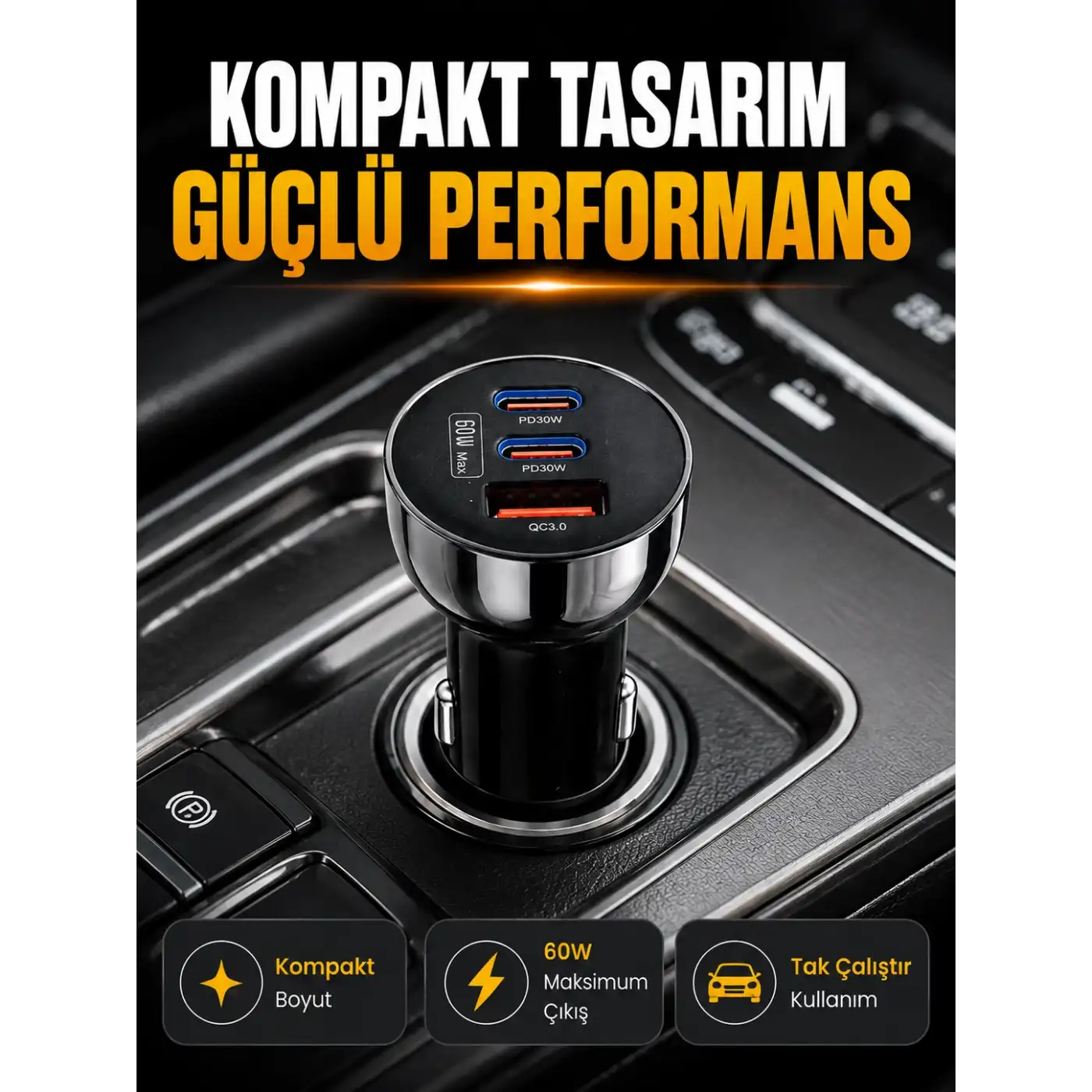 60W Araç İçi Hızlı Şarj Adaptörü Çift USB-C PD ve USB-A QC3.0