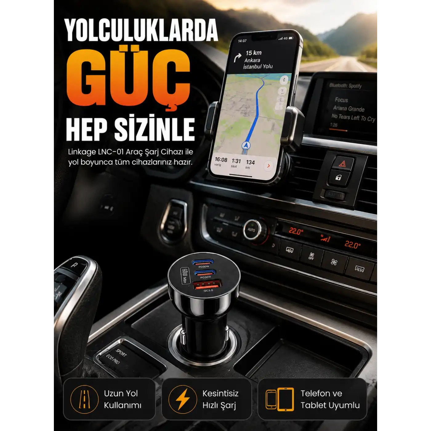 60W Araç Şarj Cihazı Çift Type-C PD ve USB QC3.0 Hızlı Şarj Adaptörü