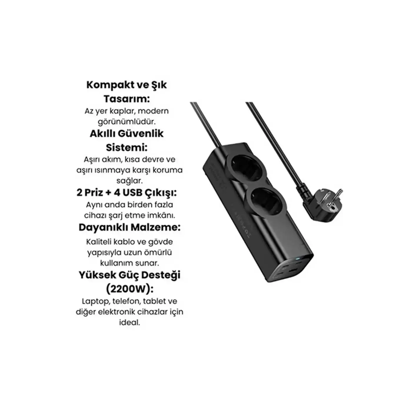 67w Hızlı Şarjlı Akıllı Çoklu Priz – 2000w Güç, 2 Usb-c + 2 Usb-a Çıkışlı, Telefon & Laptop Uyumlu