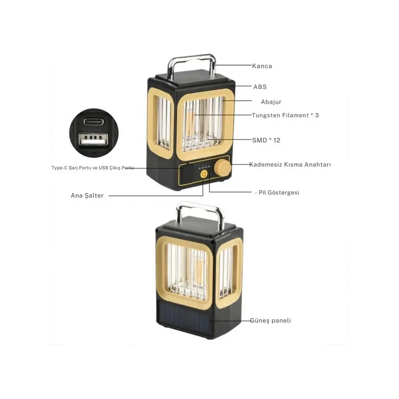 Ampul Solar Şarj Edilebilir 12 Led 1 Rustikli Led Kamp Lambası