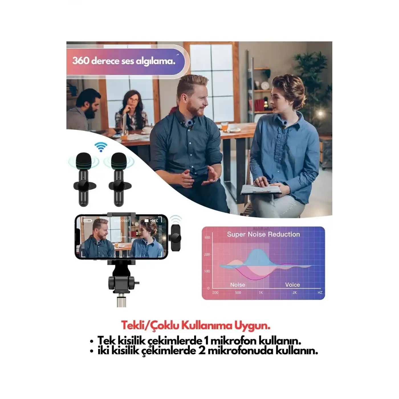 Type-C Çiftli Kablosuz Yaka Mikrofon Seti Telefon Vlog Canlı Yayın TikTok YouTube Uyumlu