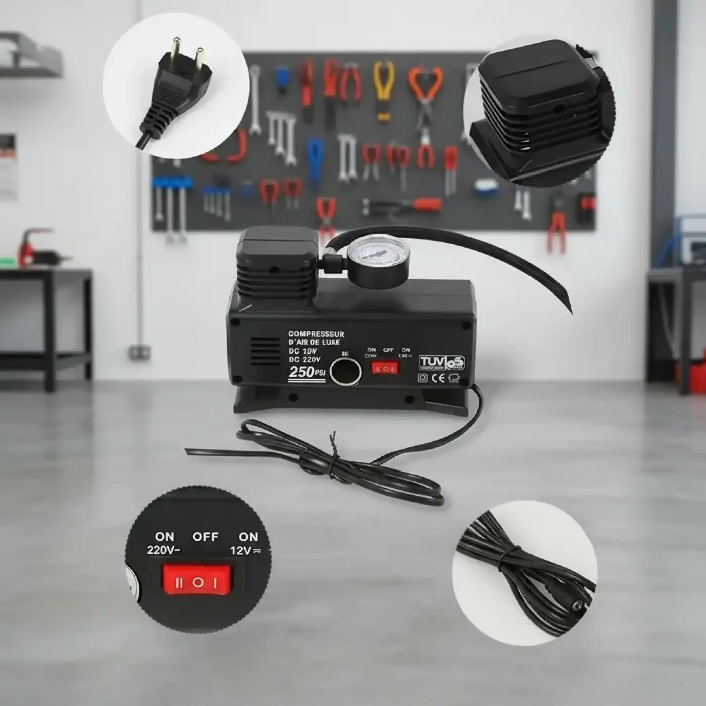 250 PSI Oto Hava Kompresörü - 220V ve 12V Uyumlu Yol Yardım Lastik Şişirme Pompası