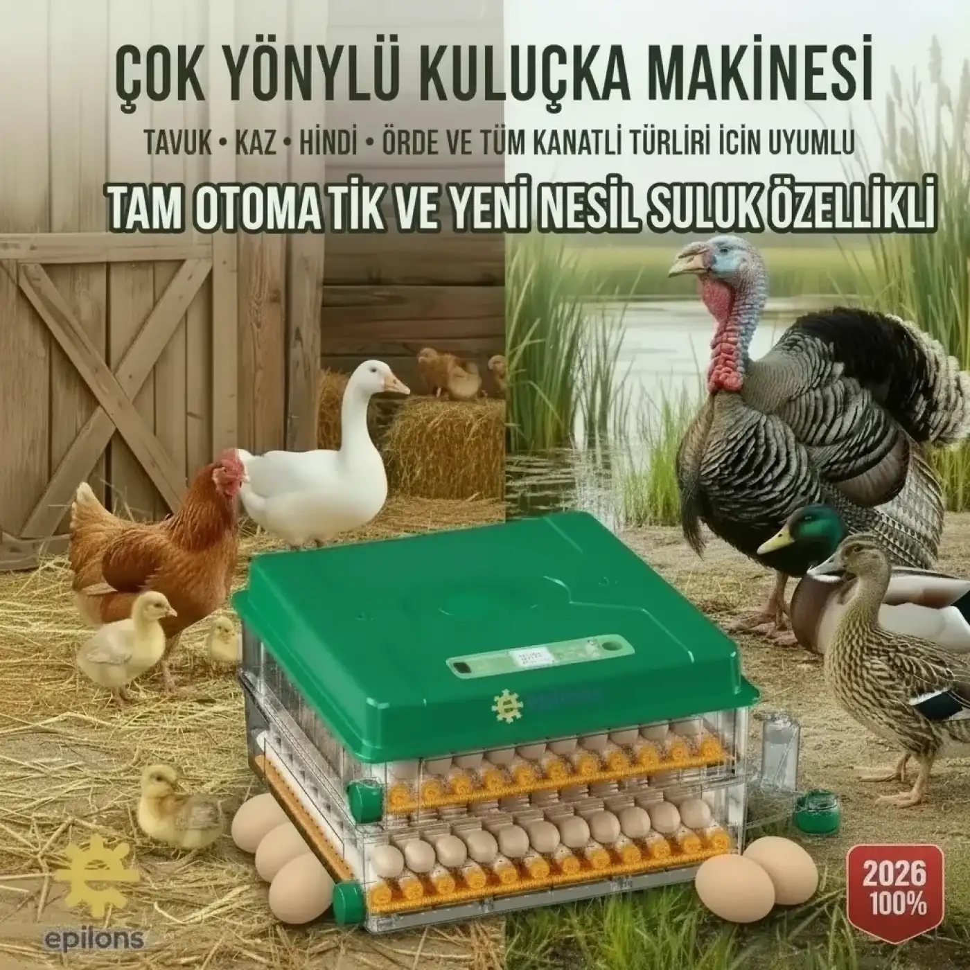EP-120 Yumurta Kapasiteli Tam Otomatik Kuluçka Makinesi - Yeni Nesil Harici Suluklu, Dijital Nem ve Sıcaklık Göstergeli