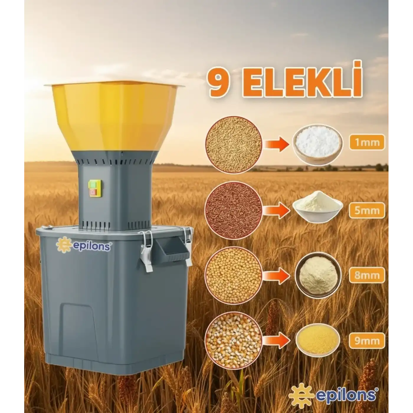 Epilons 55L 1300 w Profesyonel Tahıl Yem Öğütücü – 9 Paslanmaz Elek Hediyeli