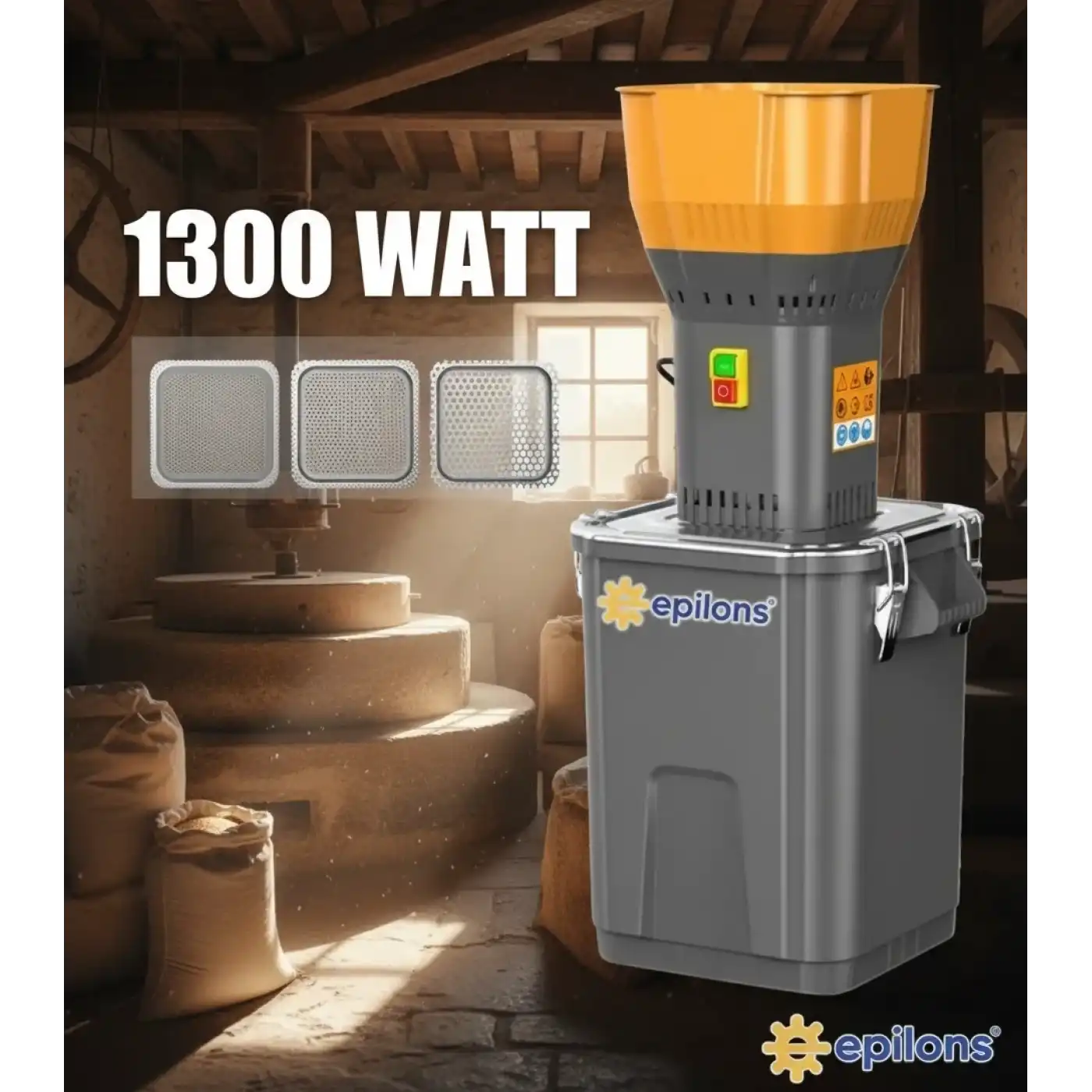 Epilons 55L 1300 w Profesyonel Tahıl Yem Öğütücü – 9 Paslanmaz Elek Hediyeli