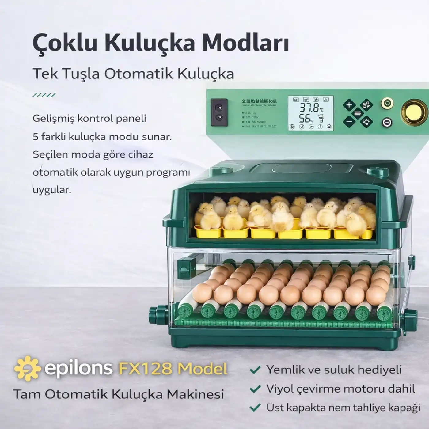 FX-128 Model Tam Otomatik Kuluçka Makinesi – Çift Katlı, Çift Güç Sistemli, Su Hazneli Yeni Nesil İnkübatör