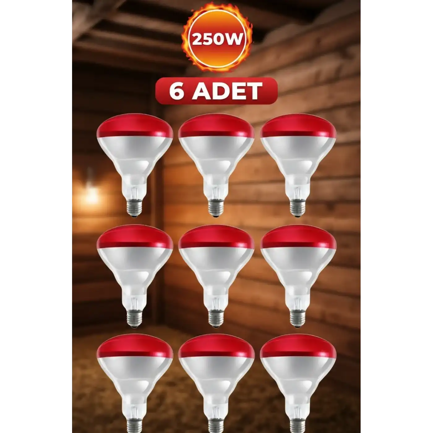 (6 Adet) 250W Kızılötesi Isıtıcılı Hayvan Isıtma ve Kuluçka Lambası (Kırmızı Işık) E27 (Kalın Duy)