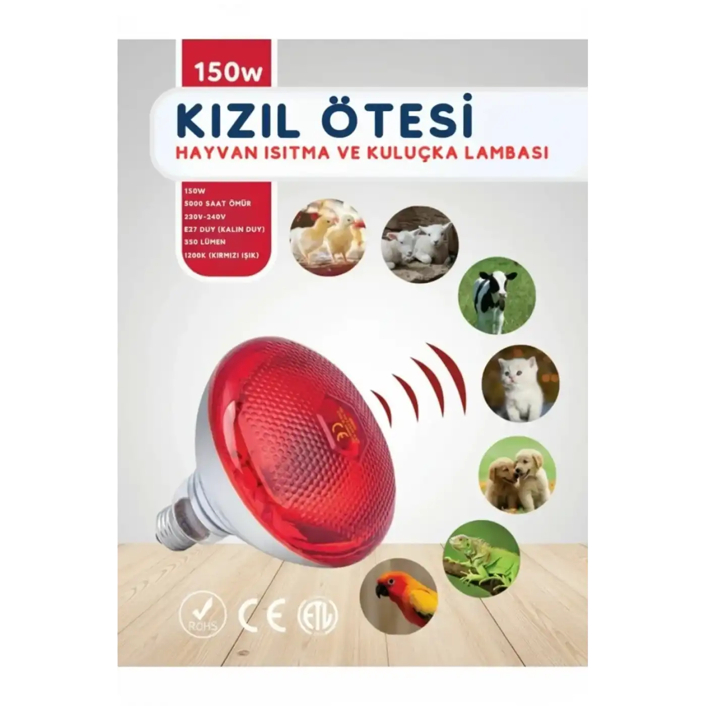 150W Kızılötesi (infrared) Isıtıcılı Hayvan Isıtma ve Kuluçka Lambası (Kırmızı Işık) E27 (Kalın Duy)