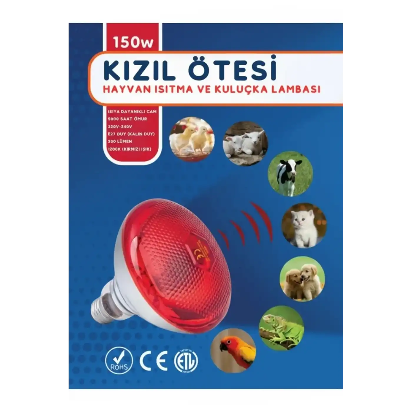 (6 Adet) 150W Kızılötesi Isıtıcılı Hayvan Isıtma ve Kuluçka Lambası (Kırmızı Işık) E27 (Kalın Duy)