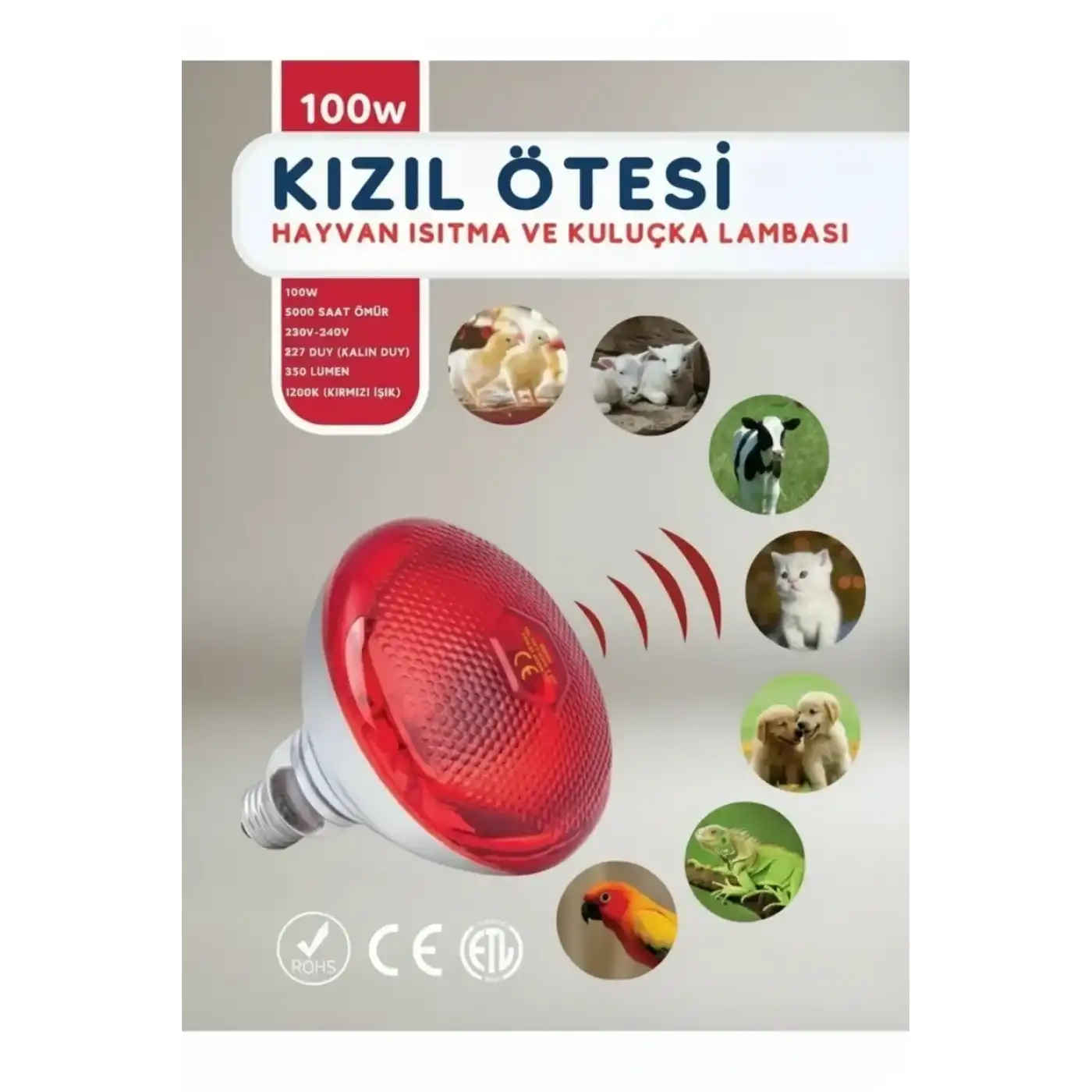 100W Kızılötesi (infrared) Isıtıcılı Hayvan Isıtma ve Kuluçka Lambası (Kırmızı Işık) E27 (Kalın Duy)