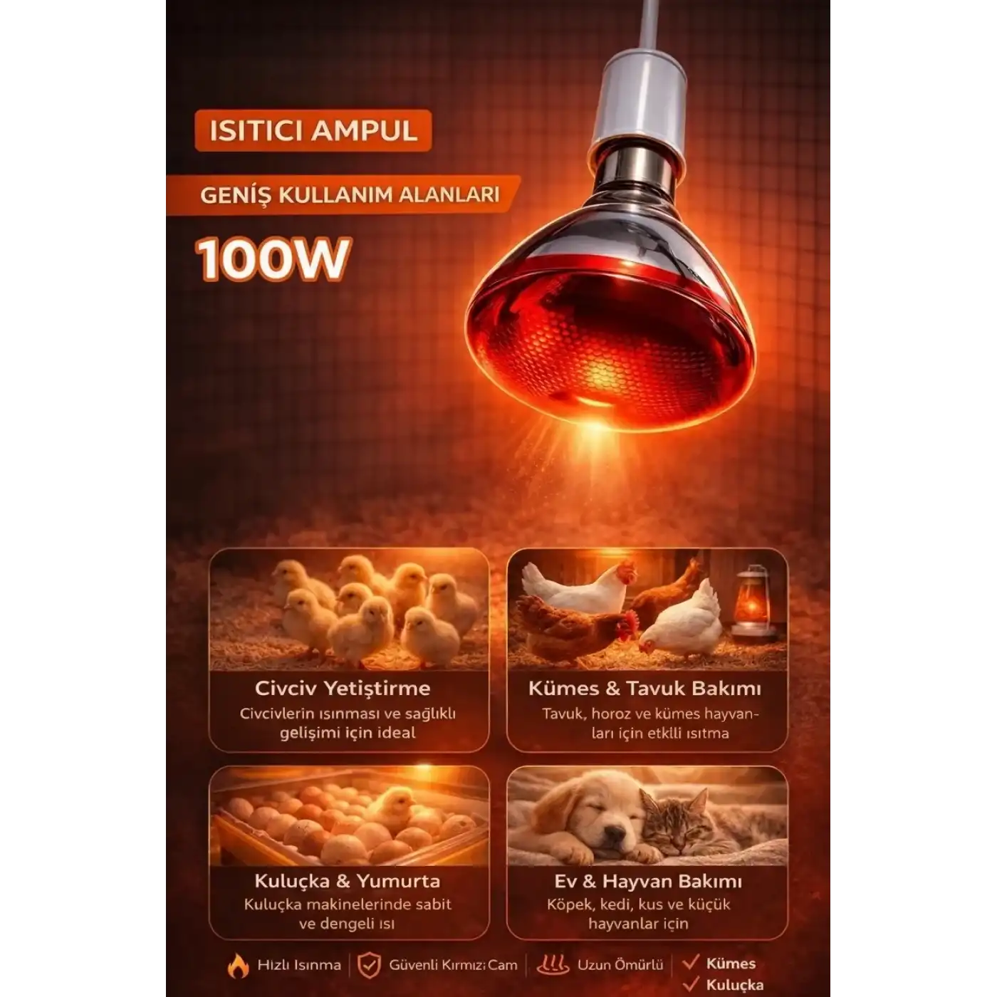 100W Isıtıcı Ampul Kırmızı Isı Lambası Civciv Kümes Kuluçka E27 Duy Isıtma Ampulü