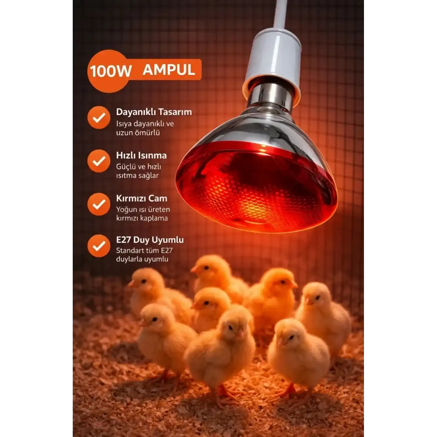 100W Isıtıcı Ampul Kırmızı Isı Lambası Civciv Kümes Kuluçka E27 Duy Isıtma Ampulü
