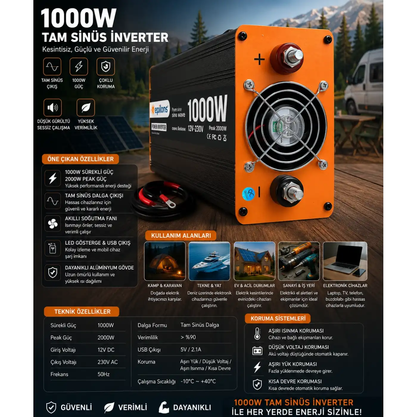 1000W Tam Sinüs İnverter 12V AC Çevirici | Sessiz Fanlı, USB Çıkışlı, Araç Karavan Tekne Solar Uyumlu Güç İnverteri