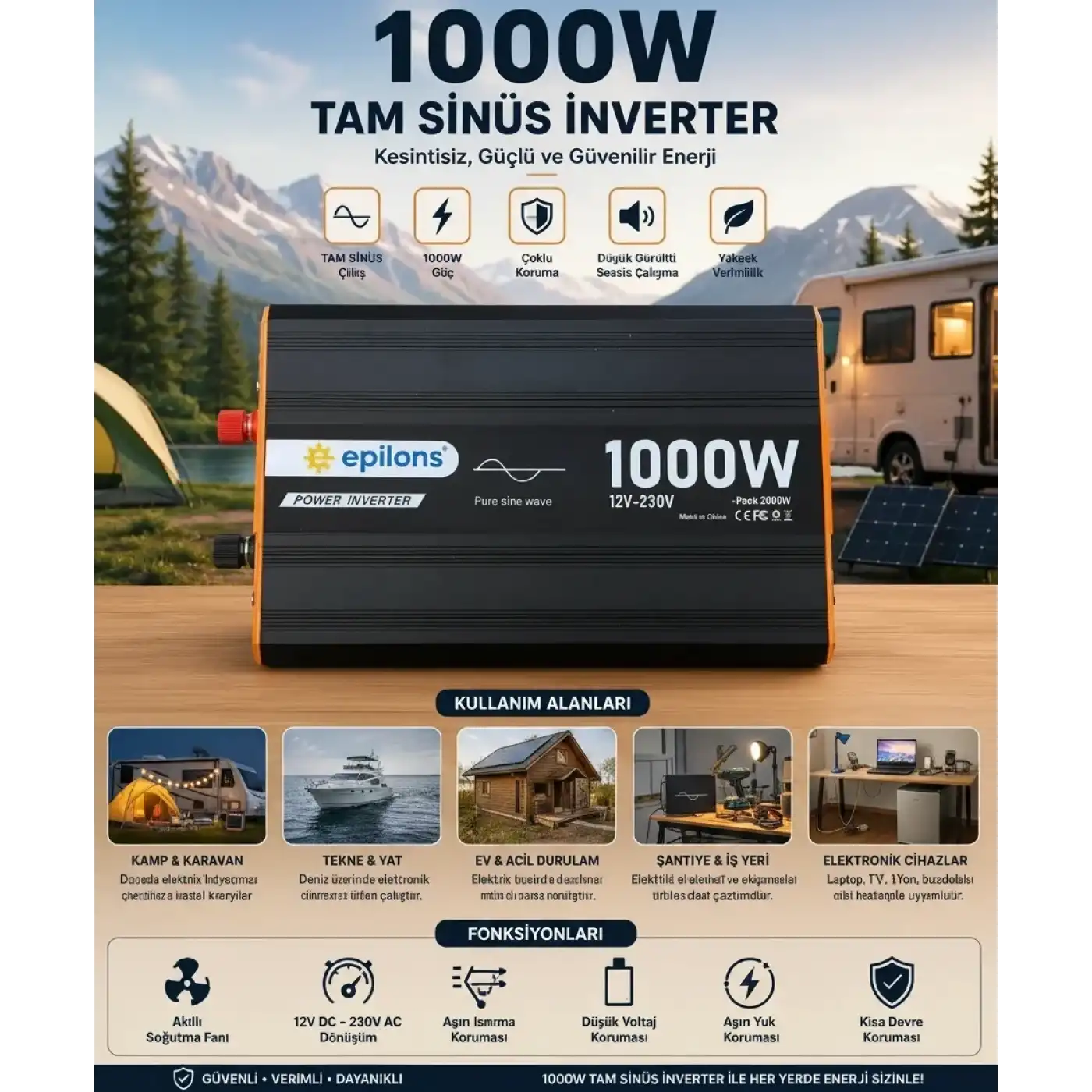 1000W Tam Sinüs İnverter 12V AC Çevirici | Sessiz Fanlı, USB Çıkışlı, Araç Karavan Tekne Solar Uyumlu Güç İnverteri