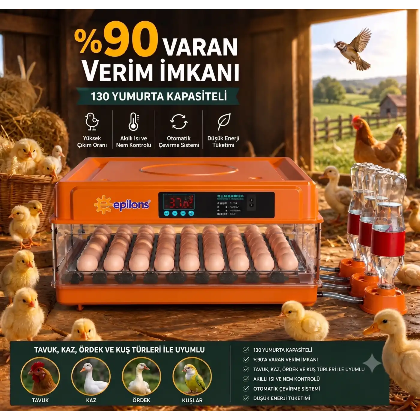 Tam Otomatik Kuluçka Makinesi 130 Yumurta Kapasiteli - Akıllı Isı ve Nem Kontrollü, Ayarlanabilir Viyol, Otomatik Su Sistemli