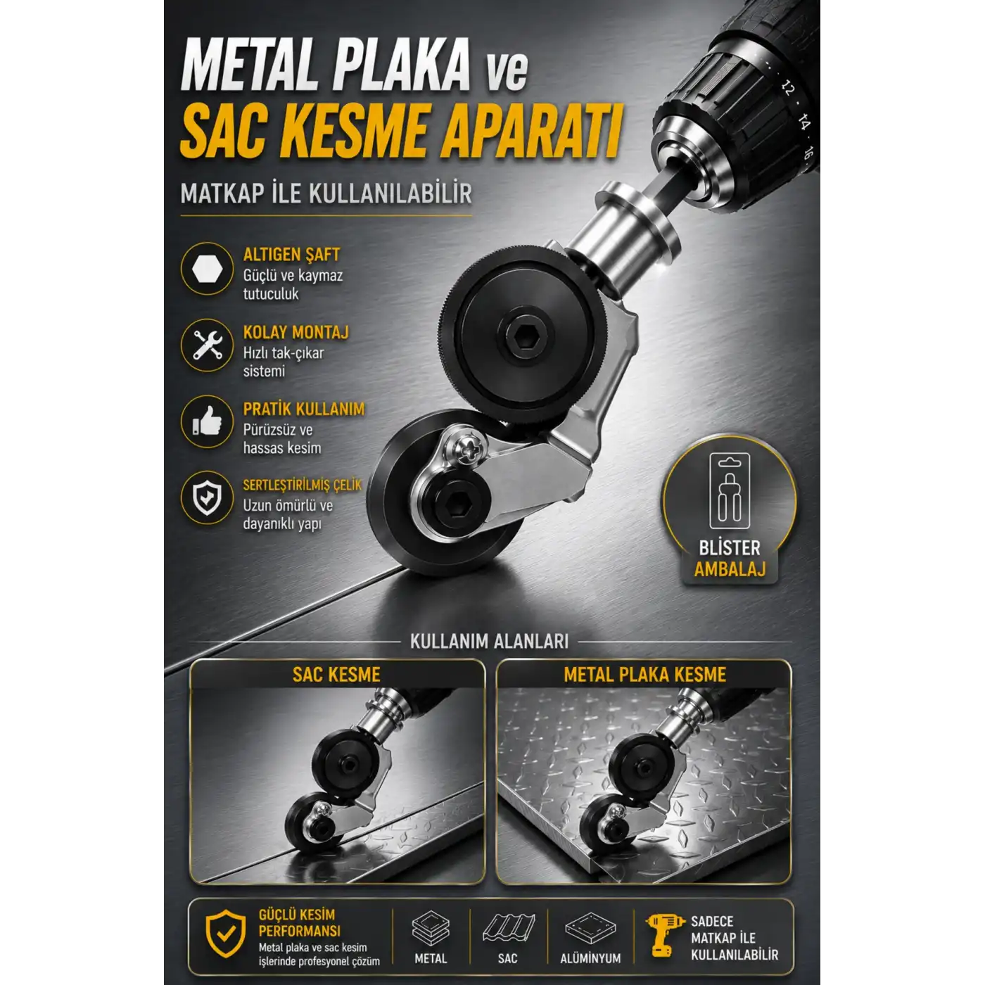 Matkap Ucuna Takılabilen Metal Sac Kesme Aparatı Şarjlı ve Elektrikli Matkap Uyumlu Pratik Kesim Aleti