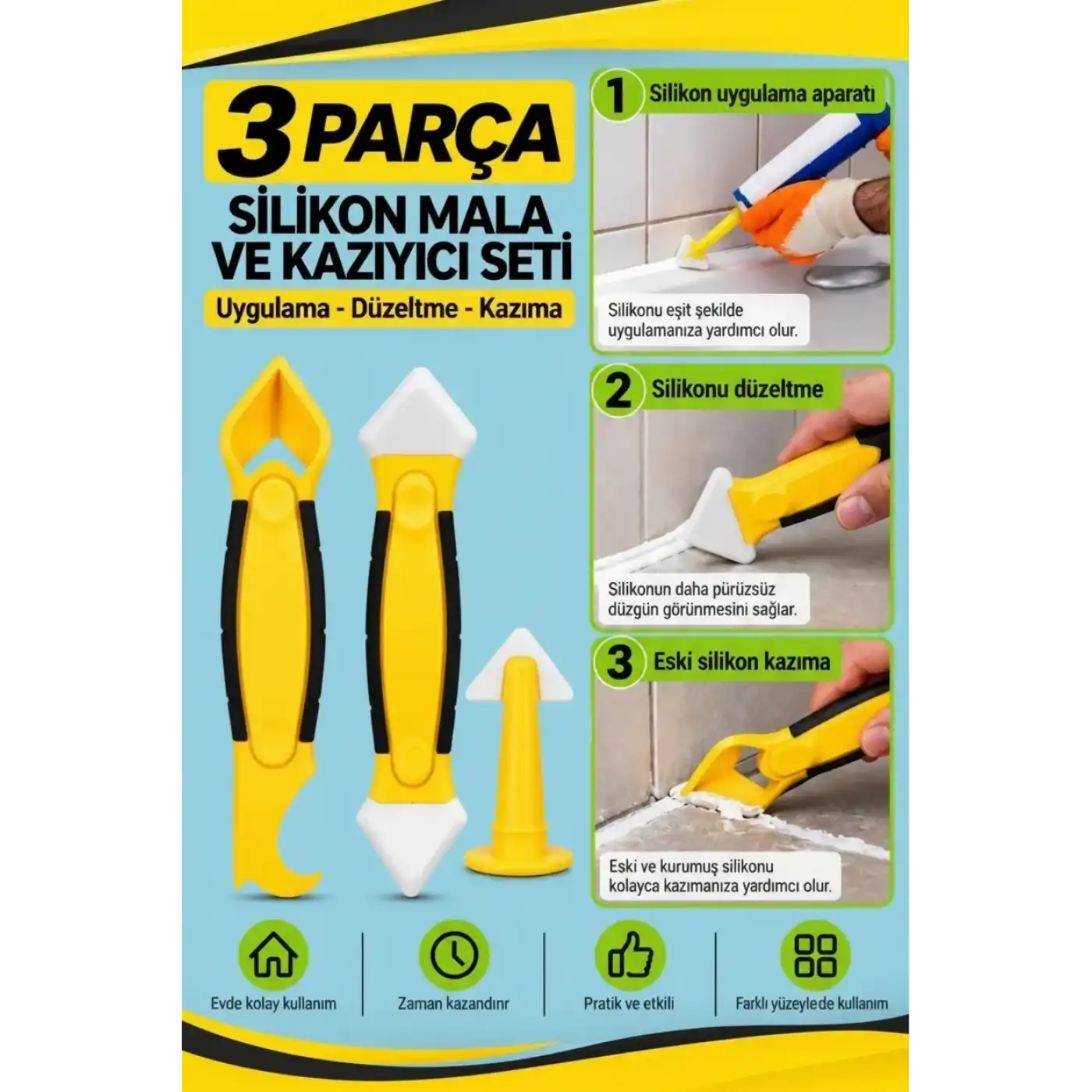3 Parça Fayans Derz ve Silikon Kazıyıcı Temizleme Aparatı Mala Seti