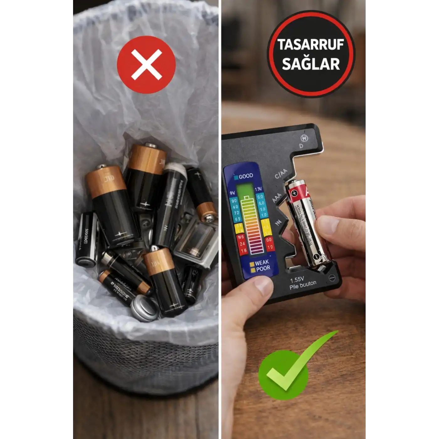 Evrensel Mini Pil Test Cihazı – Pil Doluluk Seviyesi Ölçer ve Pil Durum Kontrol Aparatı