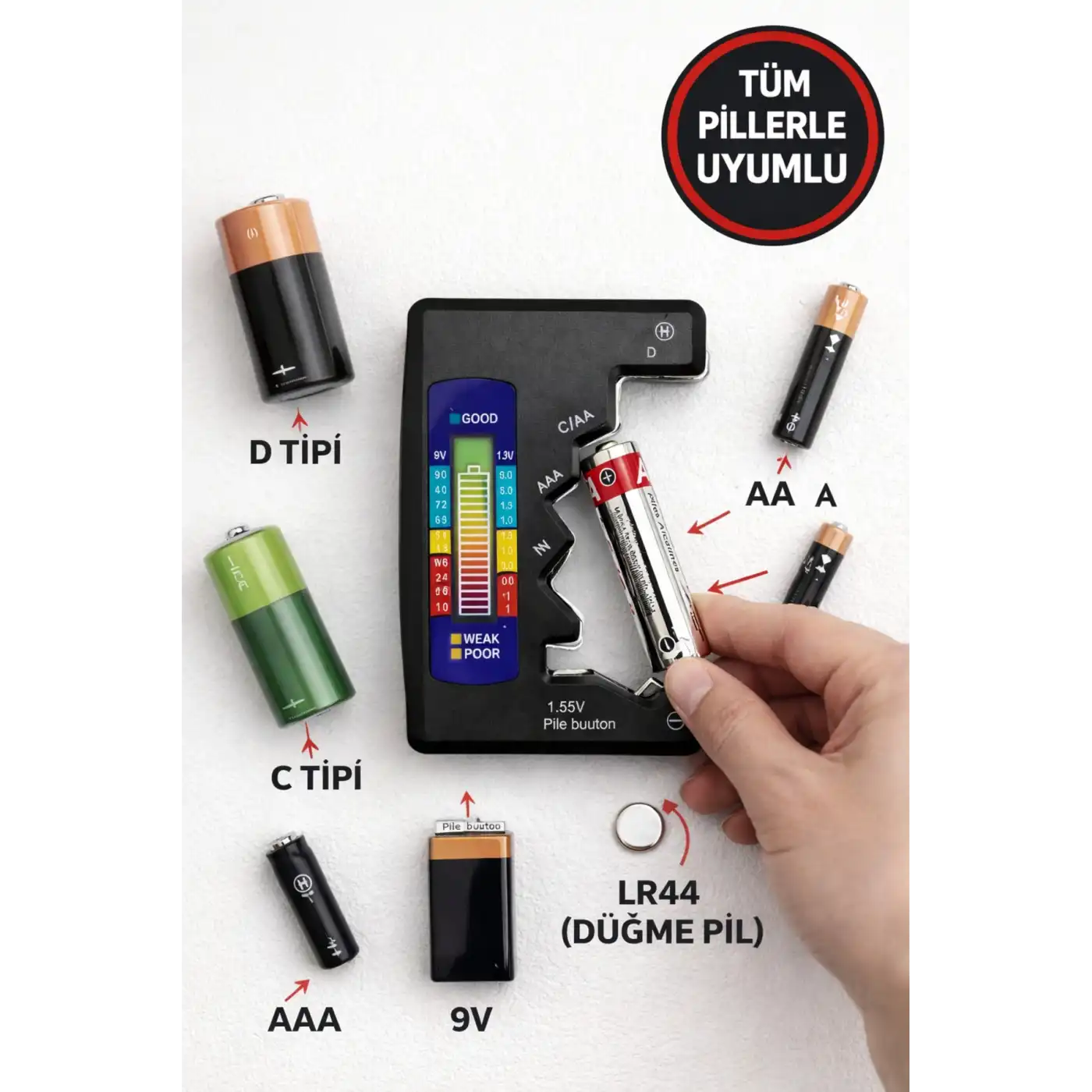 Evrensel Mini Pil Test Cihazı – Pil Doluluk Seviyesi Ölçer ve Pil Durum Kontrol Aparatı