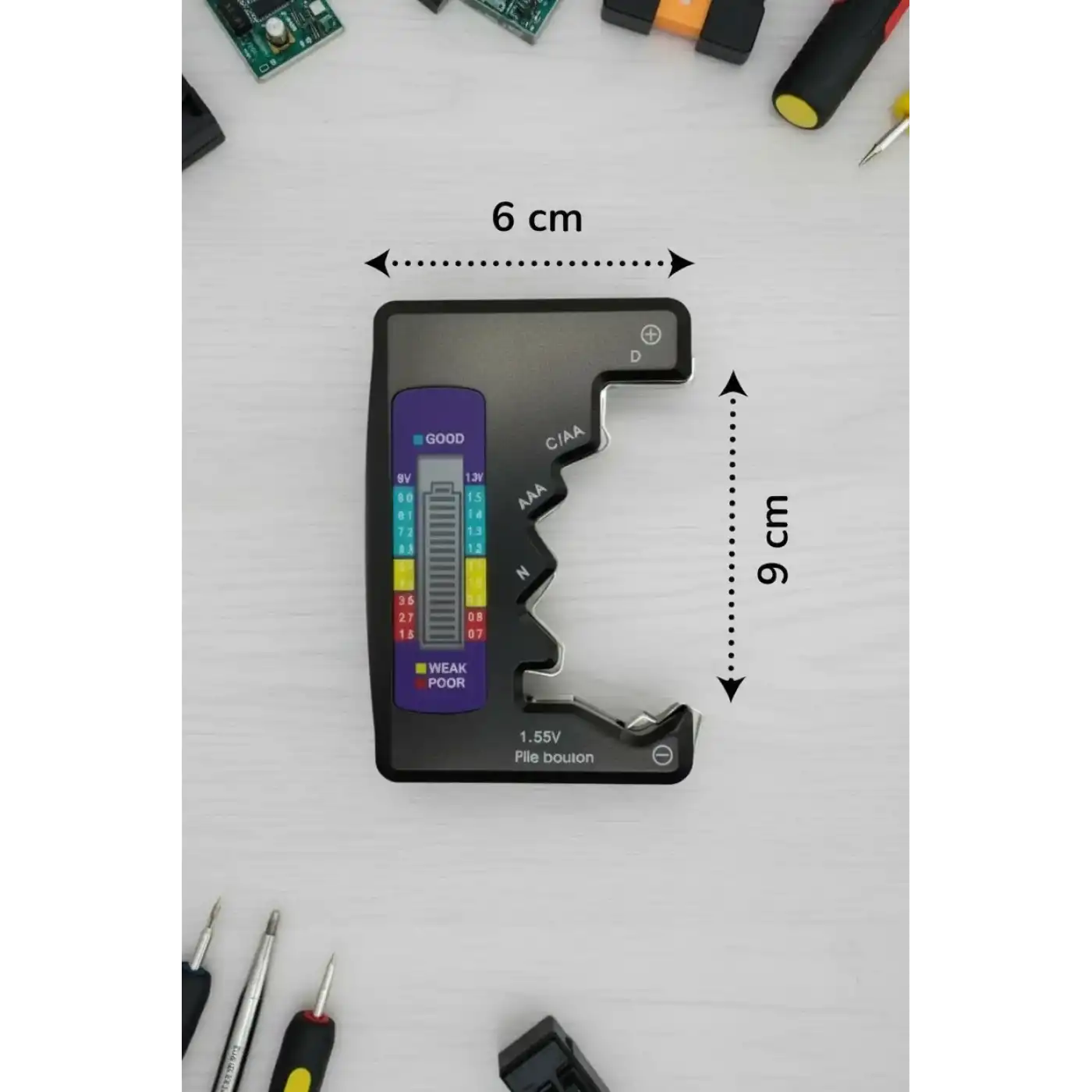 Evrensel Mini Pil Test Cihazı – Pil Doluluk Seviyesi Ölçer ve Pil Durum Kontrol Aparatı
