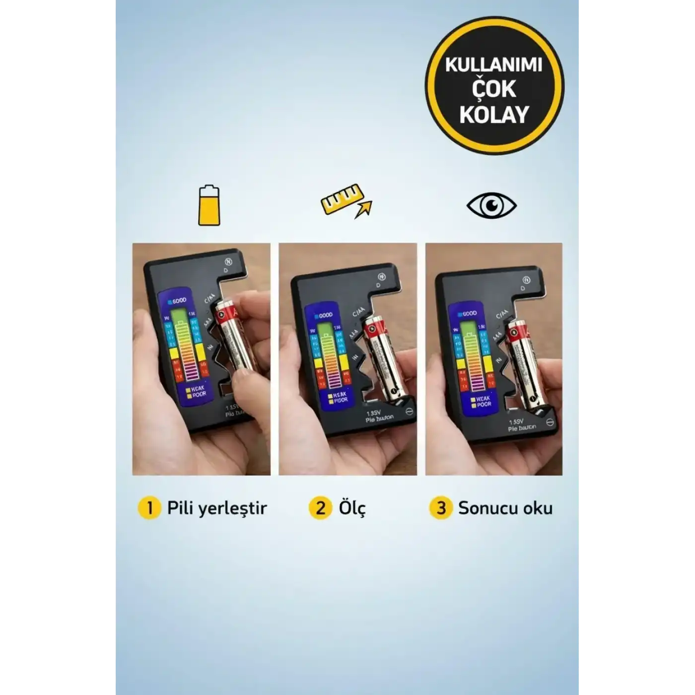 Evrensel Mini Pil Test Cihazı – Pil Doluluk Seviyesi Ölçer ve Pil Durum Kontrol Aparatı