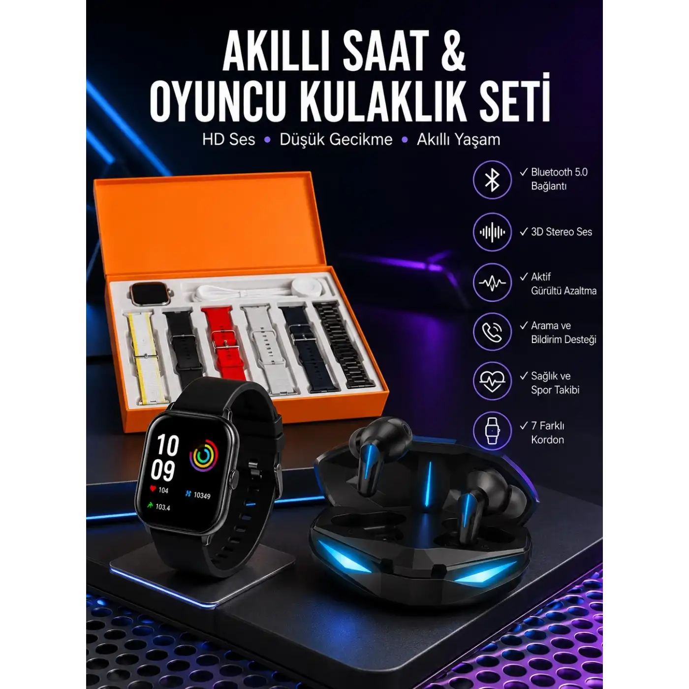 7 Kordonlu Akıllı Saat Ve  Kulaklığı ANC Özelliği Kulak İçi Mikrofonlu Sesli Görüşme