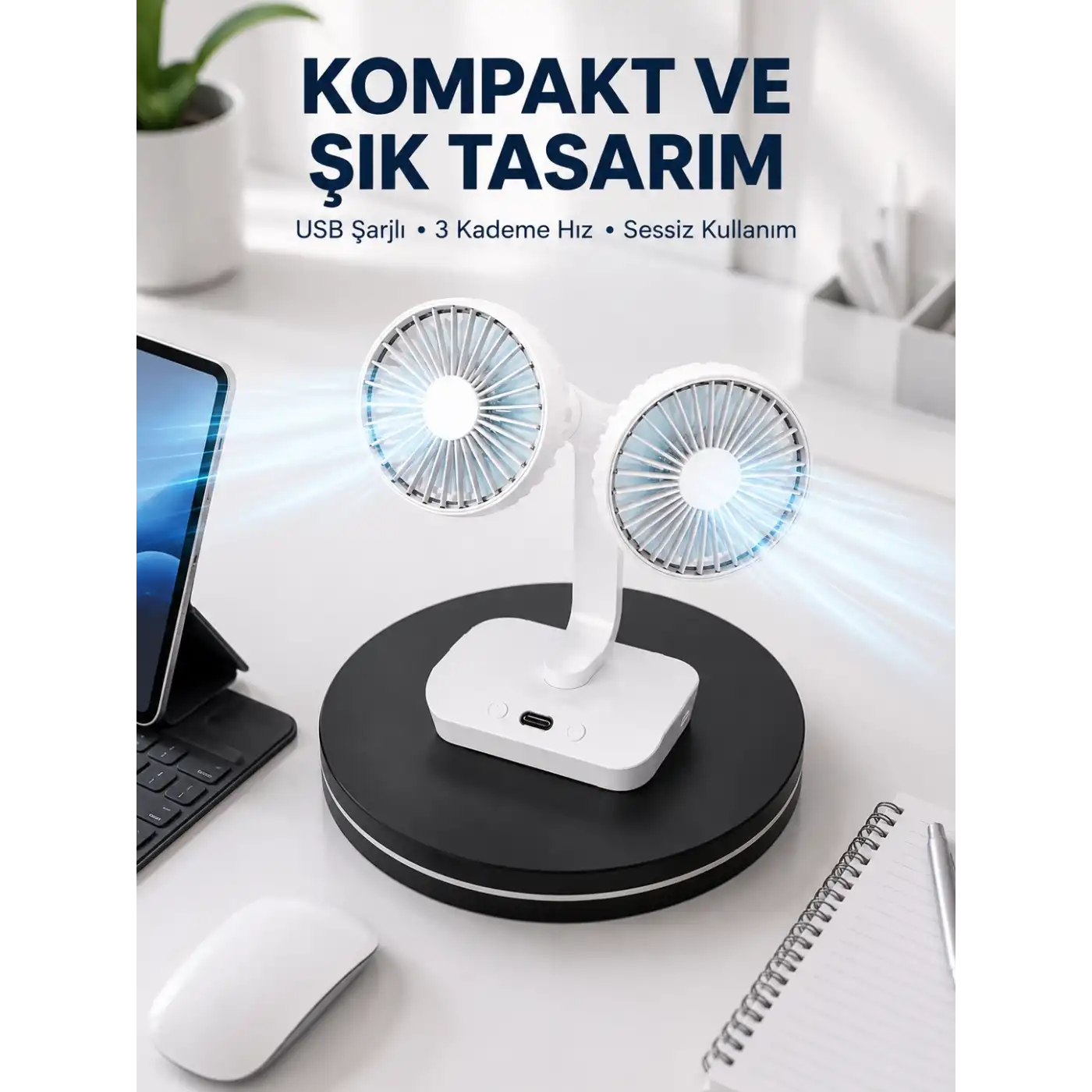 720° Döner Çift Taraflı Masaüstü Vantilatör – USB Şarjlı Sessiz Fan