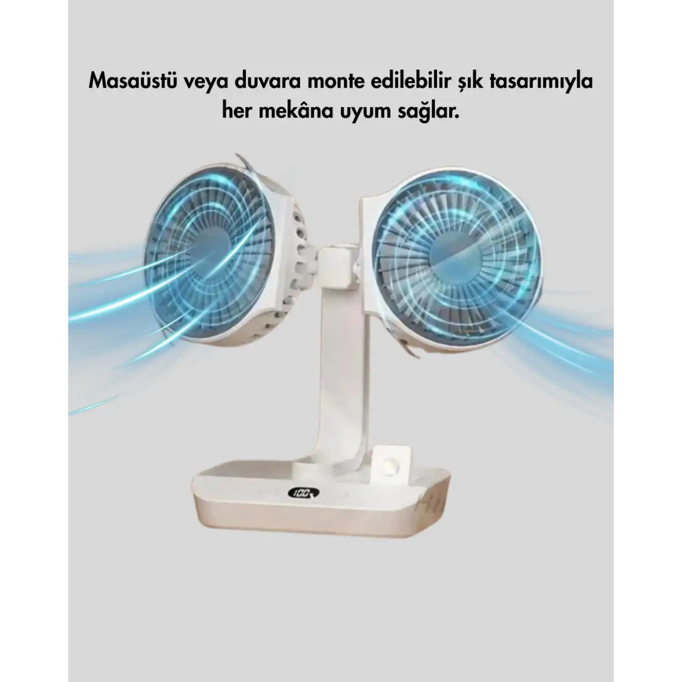 720° Döner Çift Taraflı Masaüstü Vantilatör – USB Şarjlı Sessiz Fan