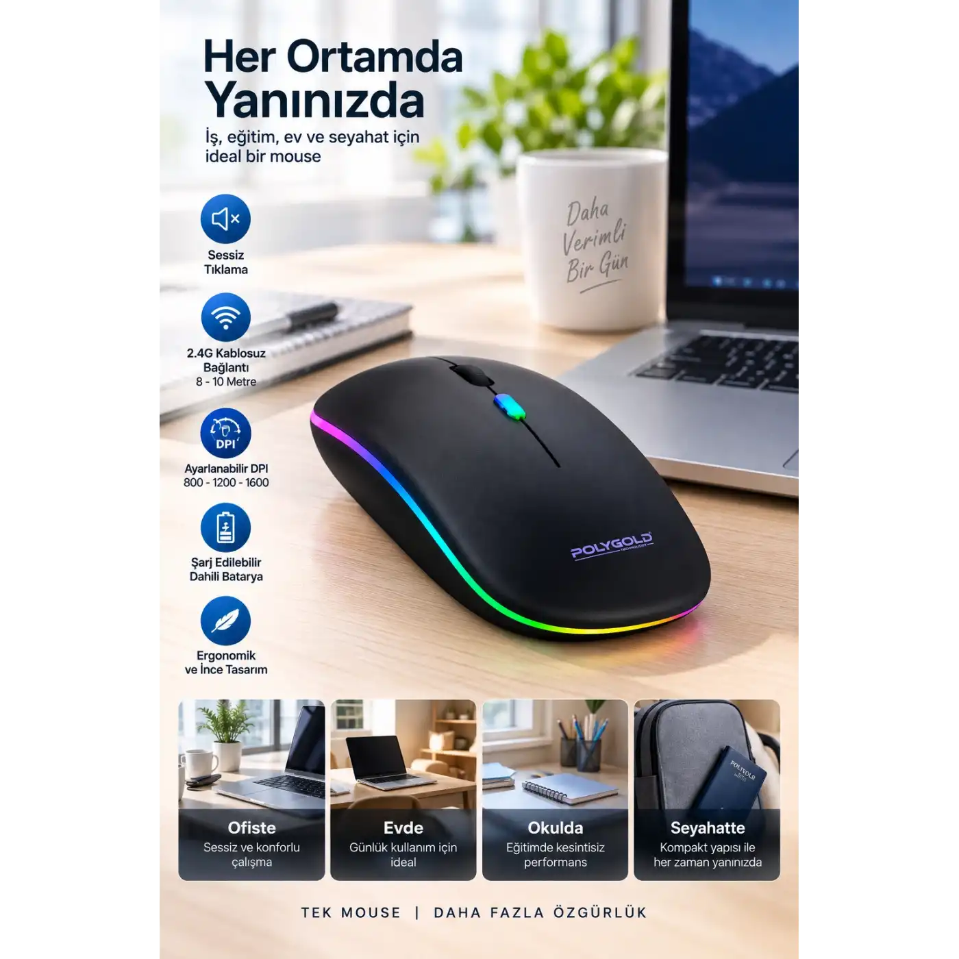 8 10 Metre Menzilli Şarj Edilebilir Kablosuz Mouse