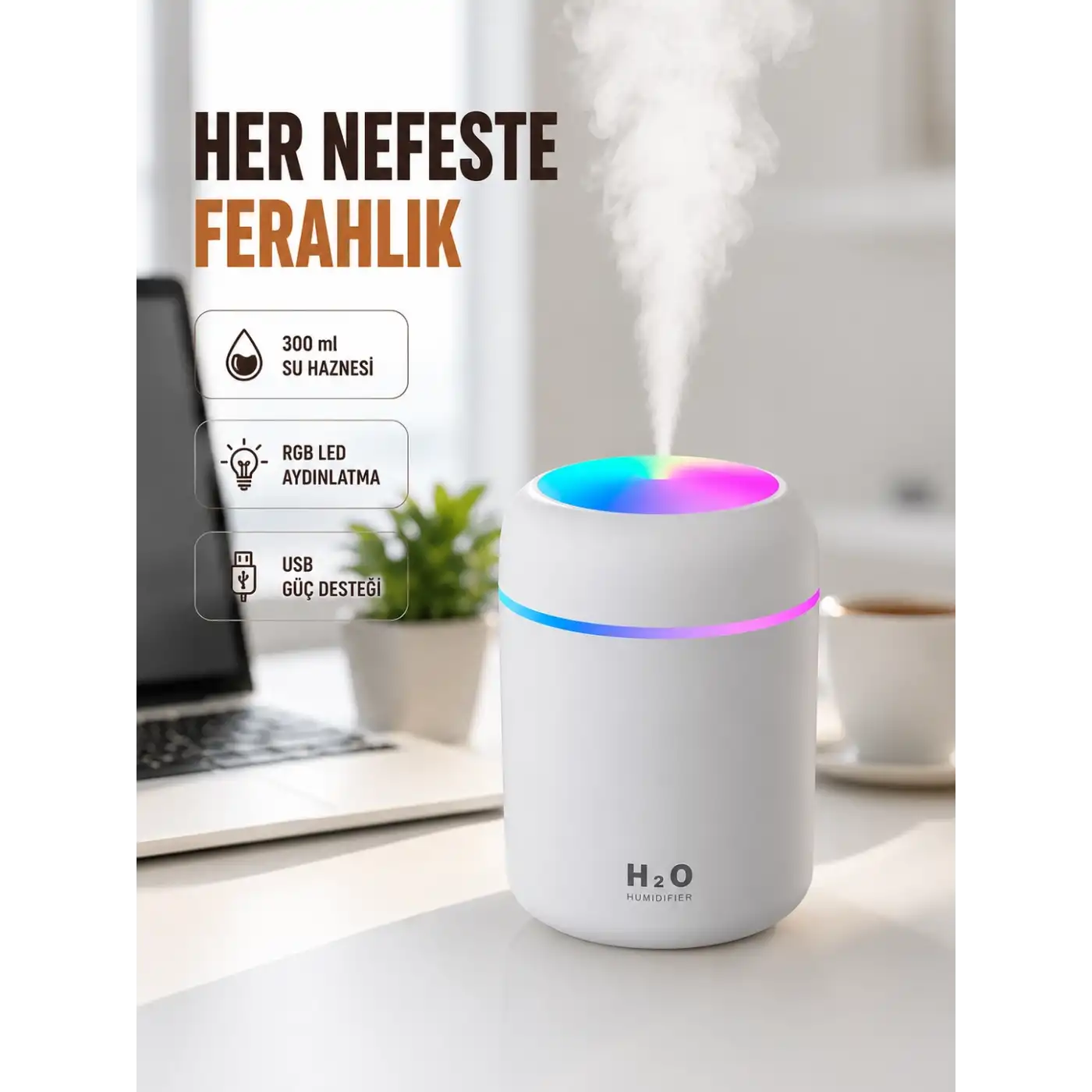 ABS Gövdeli 300ml USB Nemlendirici – Beyaz, Gri, Pembe Renk