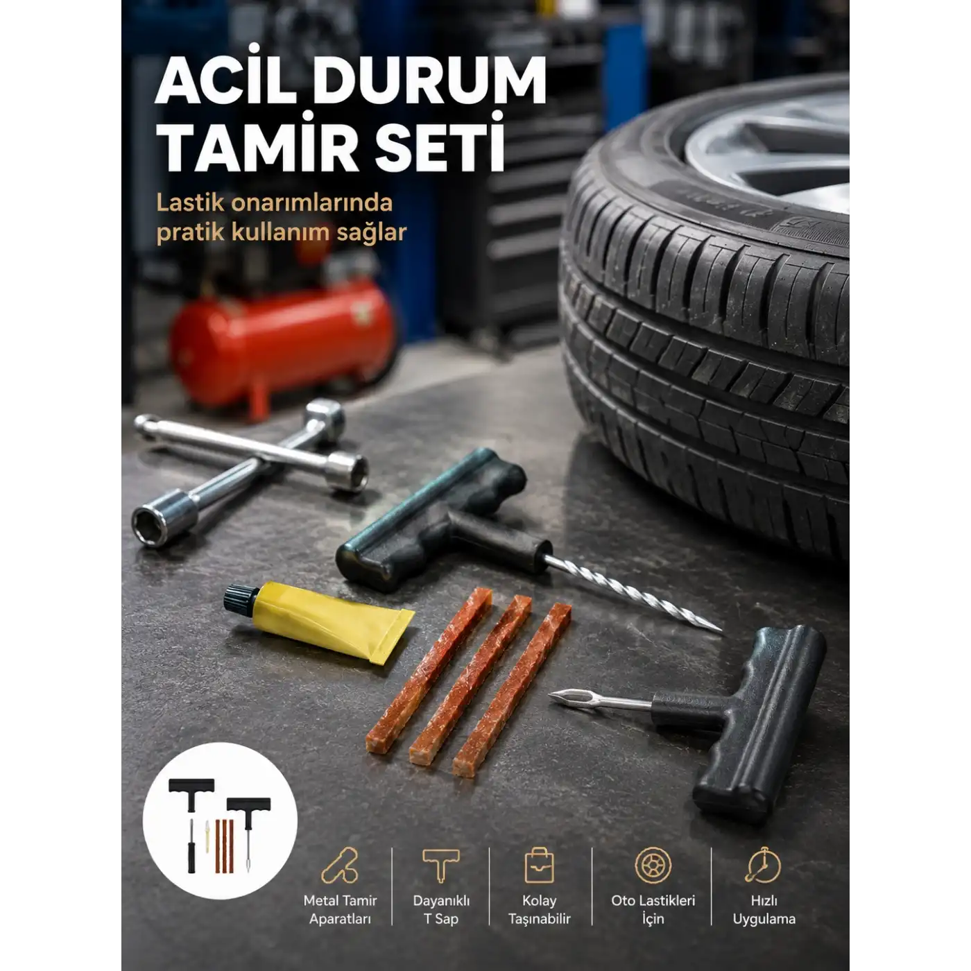 Acil Durumların Kurtarıcısı Çok Amaçlı Lastik Tamir Seti