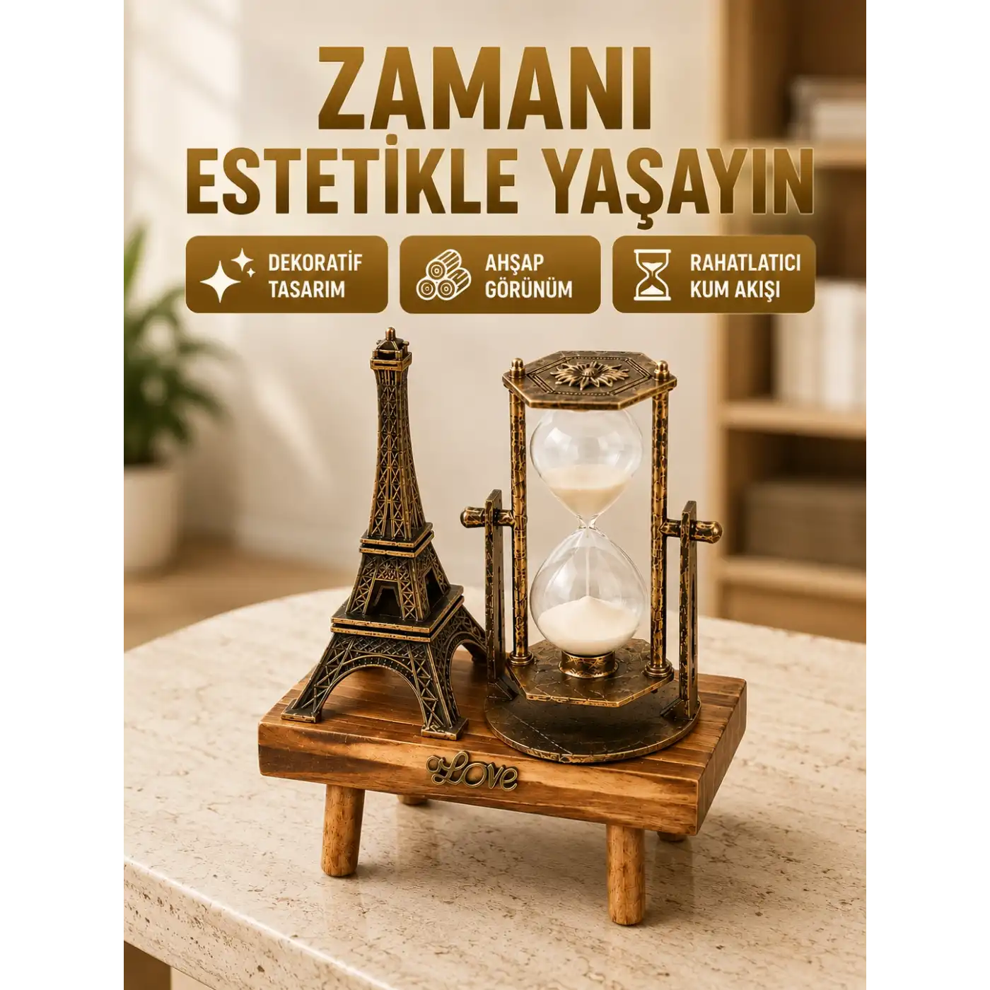 Ahşap Gövdeli Dekoratif Kum Saati – Masa Üstü El Sanatı Aksesuarı