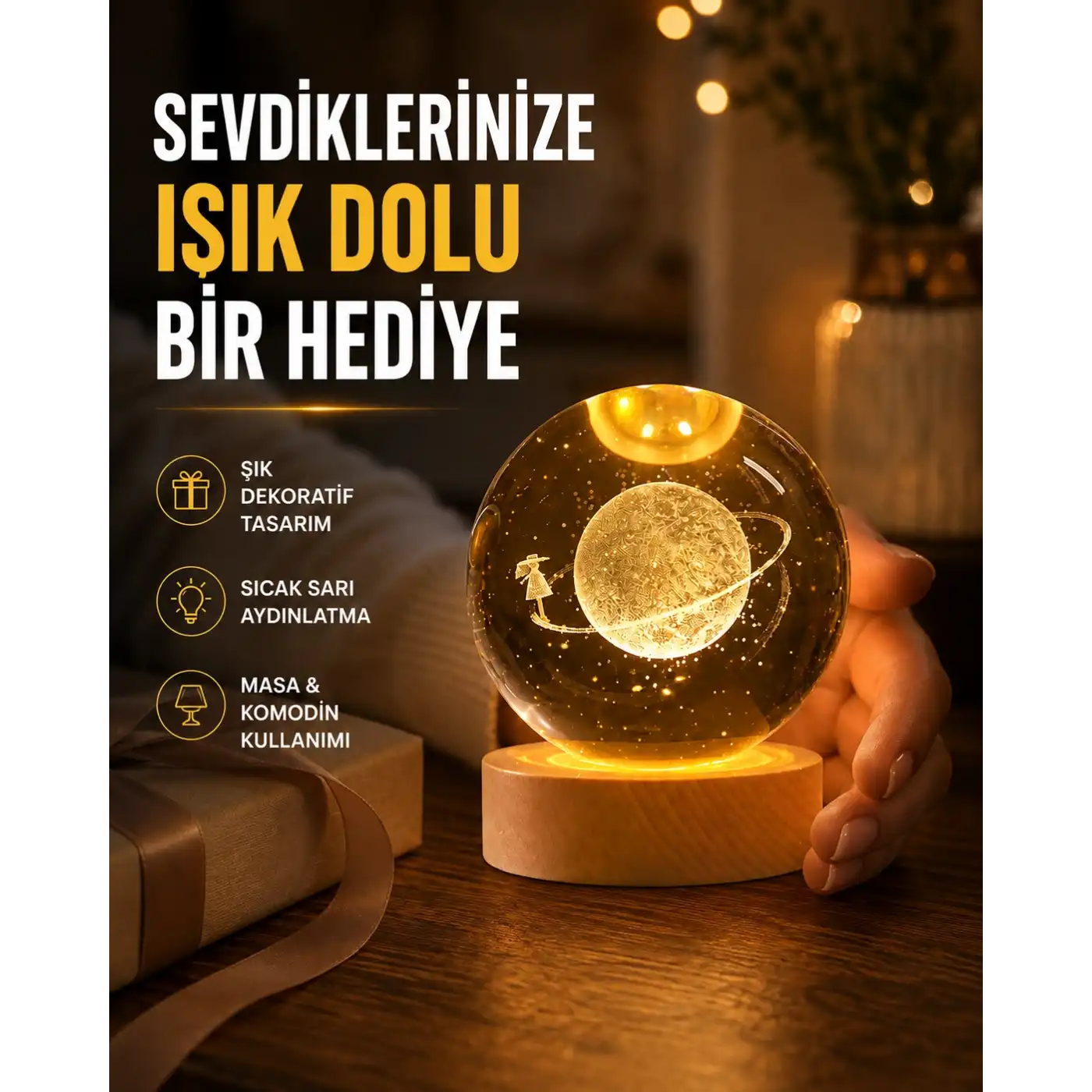 Ahşap Standlı Sarı Işıklı Dekoratif Küre Kız Figürü Tasarım