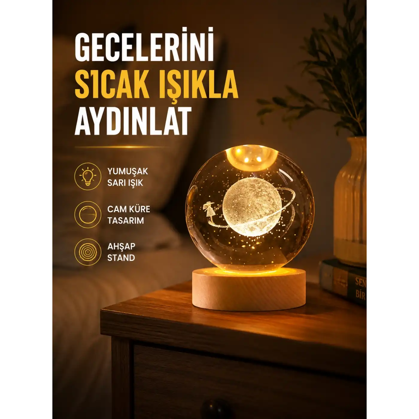 Ahşap Standlı Sarı Işıklı Dekoratif Küre Kız Figürü Tasarım