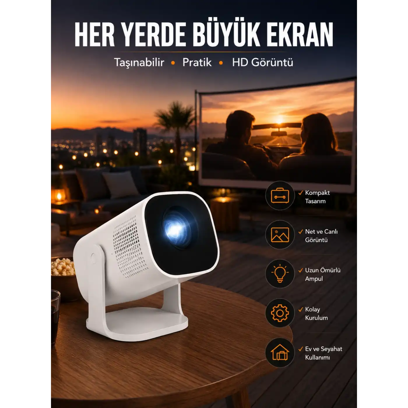 Akıllı Projeksiyon Powerbankli Taşınabilir Sinema Projektörü 4k HD Kaliteli Yeni Nesil