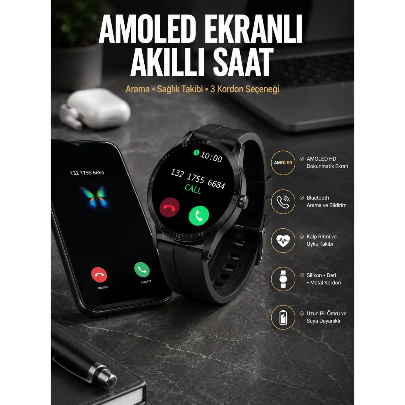 Akıllı Saat Amoled Ekran 3 Kordonlu NFC Ve GPS Uyumlu