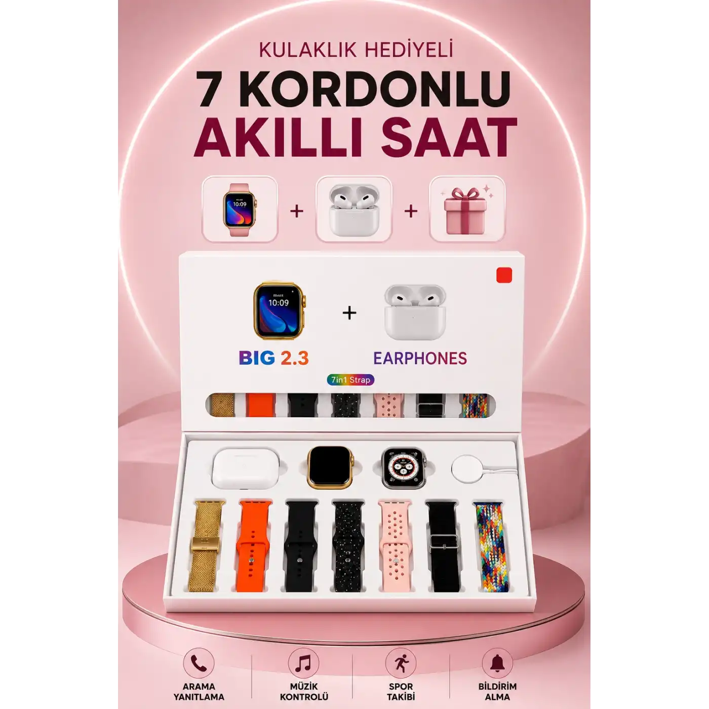 Akıllı Saat Bluetooth Kulaklık Hediyeli Bildirim Görme Sesli Görüşme Çoklu Kordon