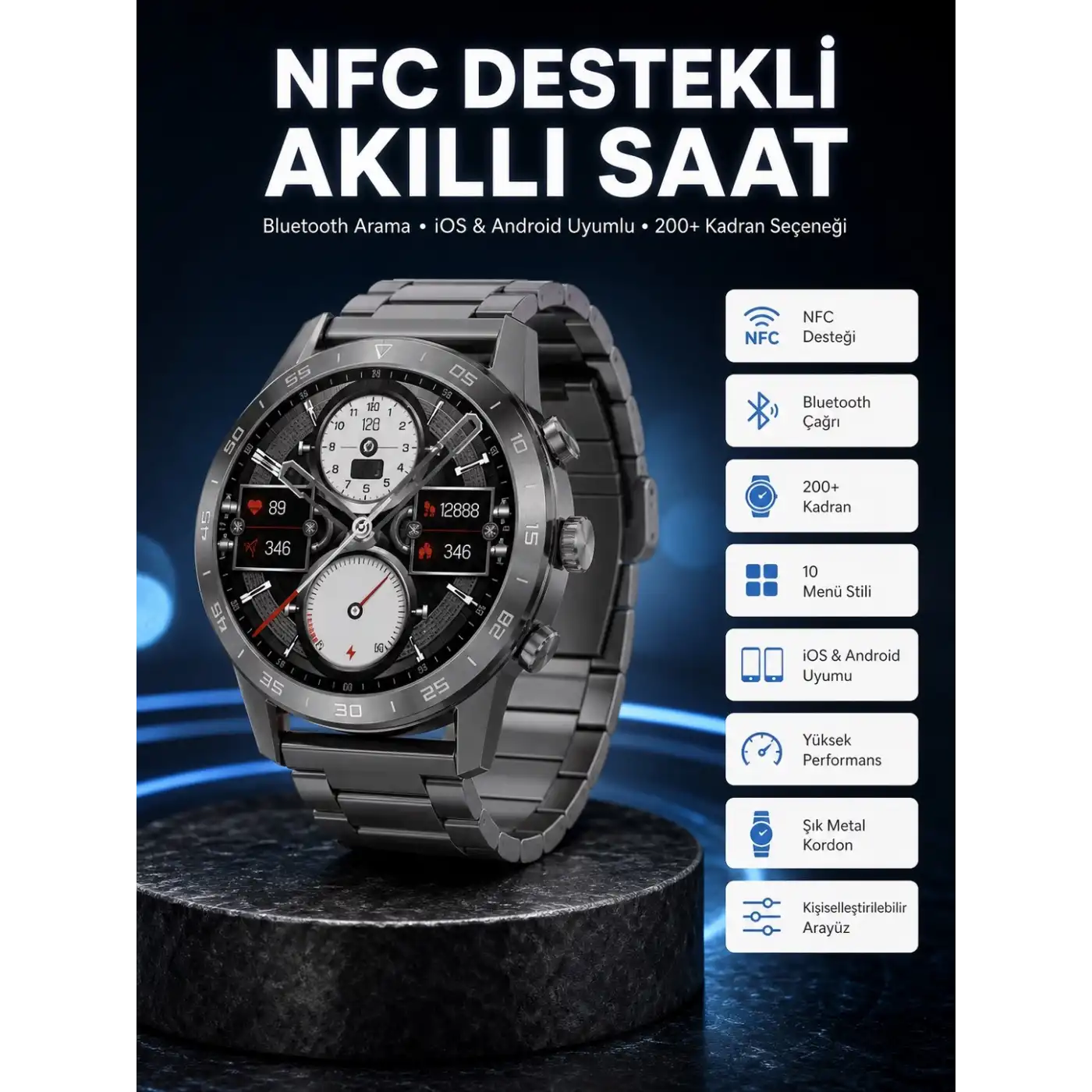 Akıllı Saat Çelik Kordon Çağrı Cevaplama Amoled Ekran Titreşimli Uyku ve Sağlık Takibi