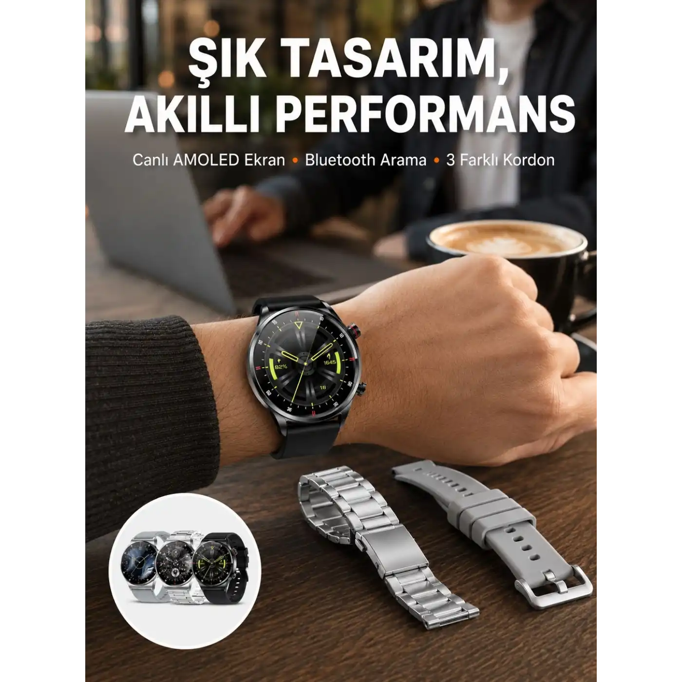 Akıllı Saat Çoklu Kordon Seçeneği Amoled Ekran Çok Fonksiyonlu Bluetooth Bağlantılı Yeni Nesil