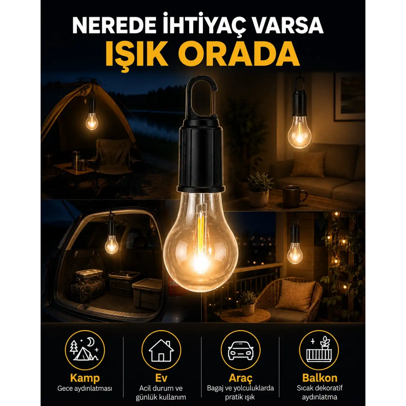Akıllı Sensörlü USB Şarjlı Kamp Lambası