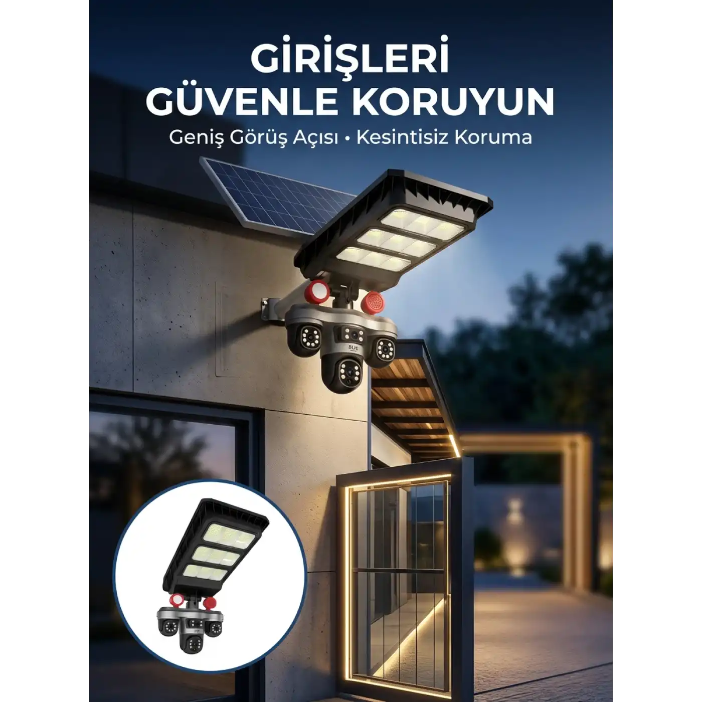 Akıllı Solar Güvenlik Kamerası 3 Lens Hareket Takip Özellikli Dış Ortam Kamera