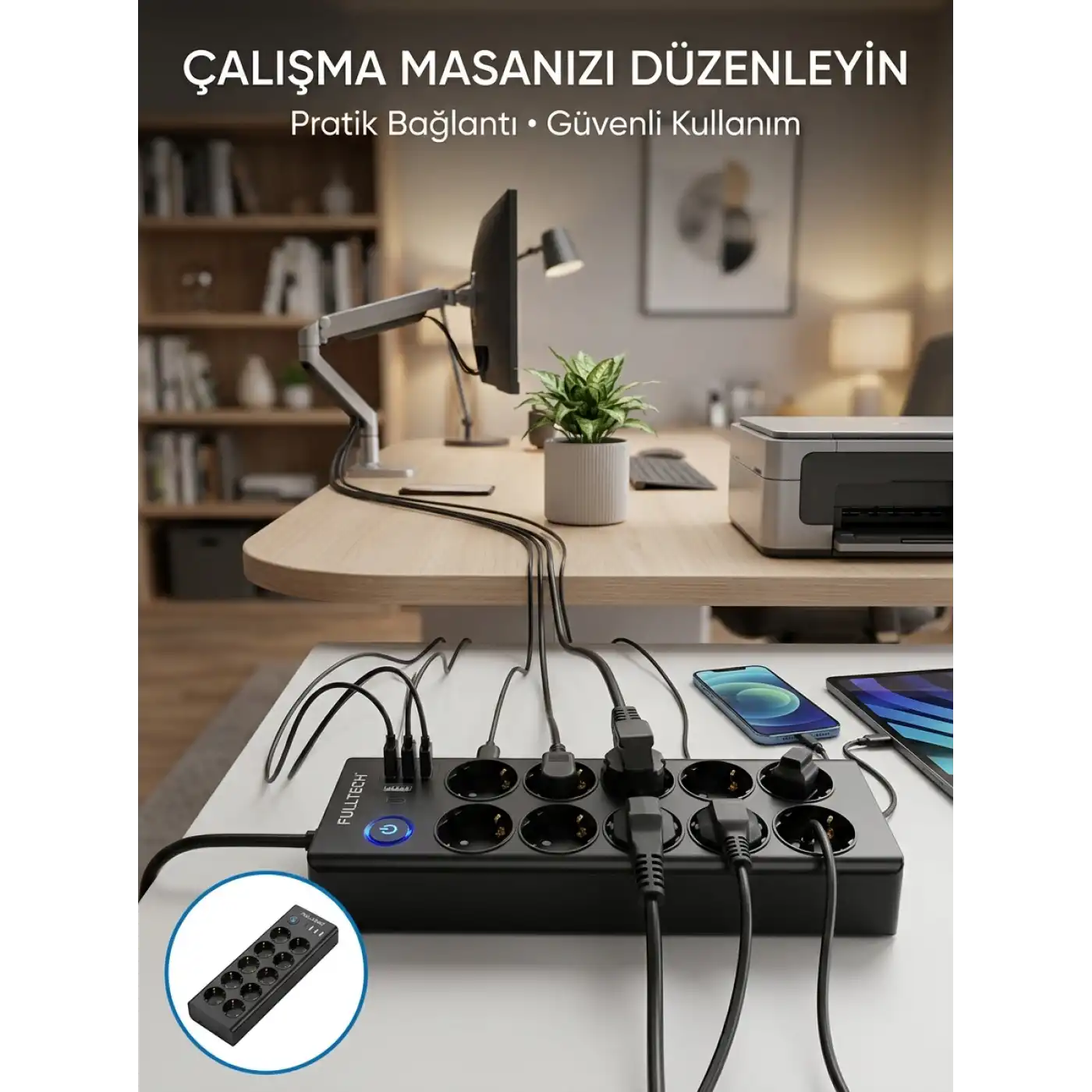 Akım Korumalı 10lu Çoklu Priz USB-A ve Type-C Şarj Çıkışlı