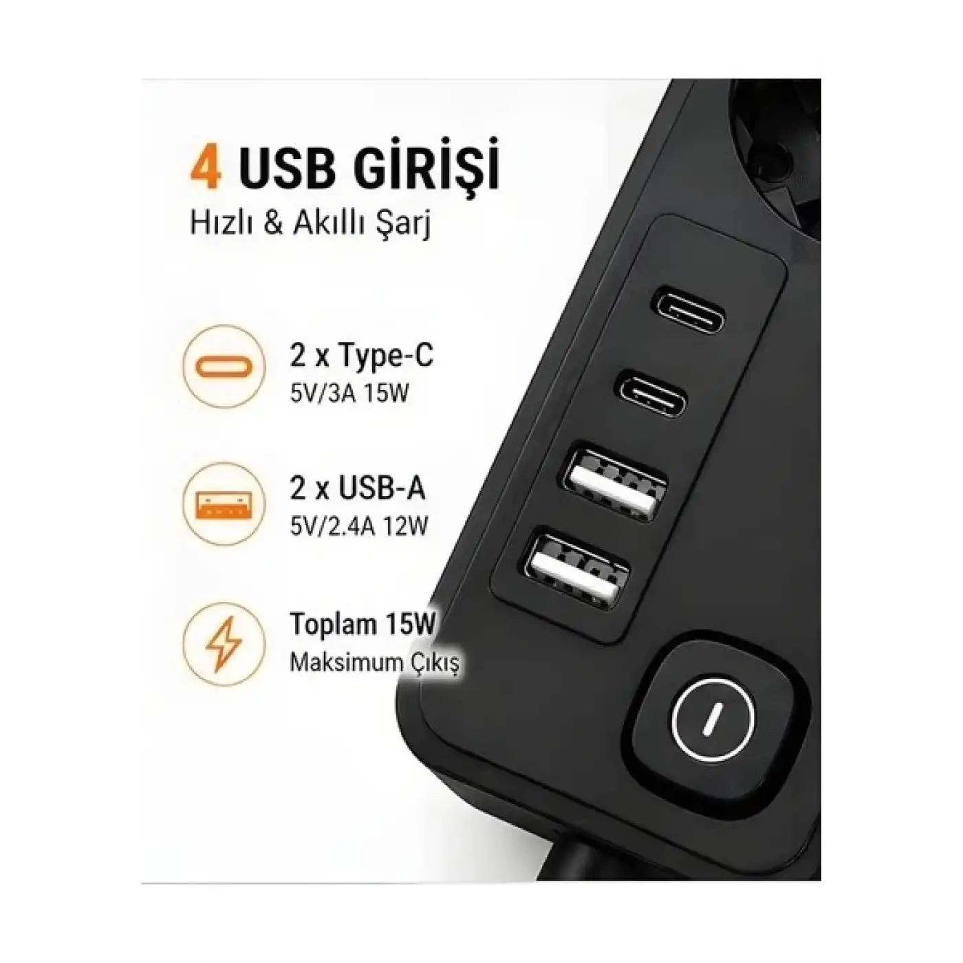 Akım Korumalı 5’li Priz 2xusb 2xtype-c Çıkış Akım Koruma Çoklu Priz Çoğaltıcı Anahtarlı Ftr-31 Siyah