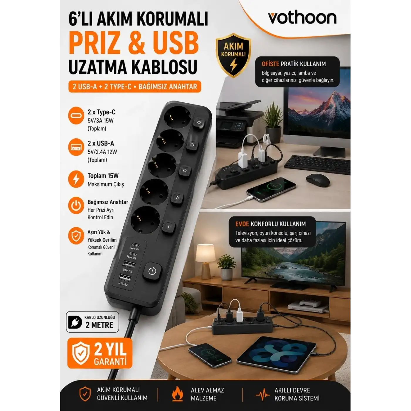 Akım Korumalı 5’li Priz 2xusb 2xtype-c Çıkış Akım Koruma Çoklu Priz Çoğaltıcı Anahtarlı Ftr-31 Siyah