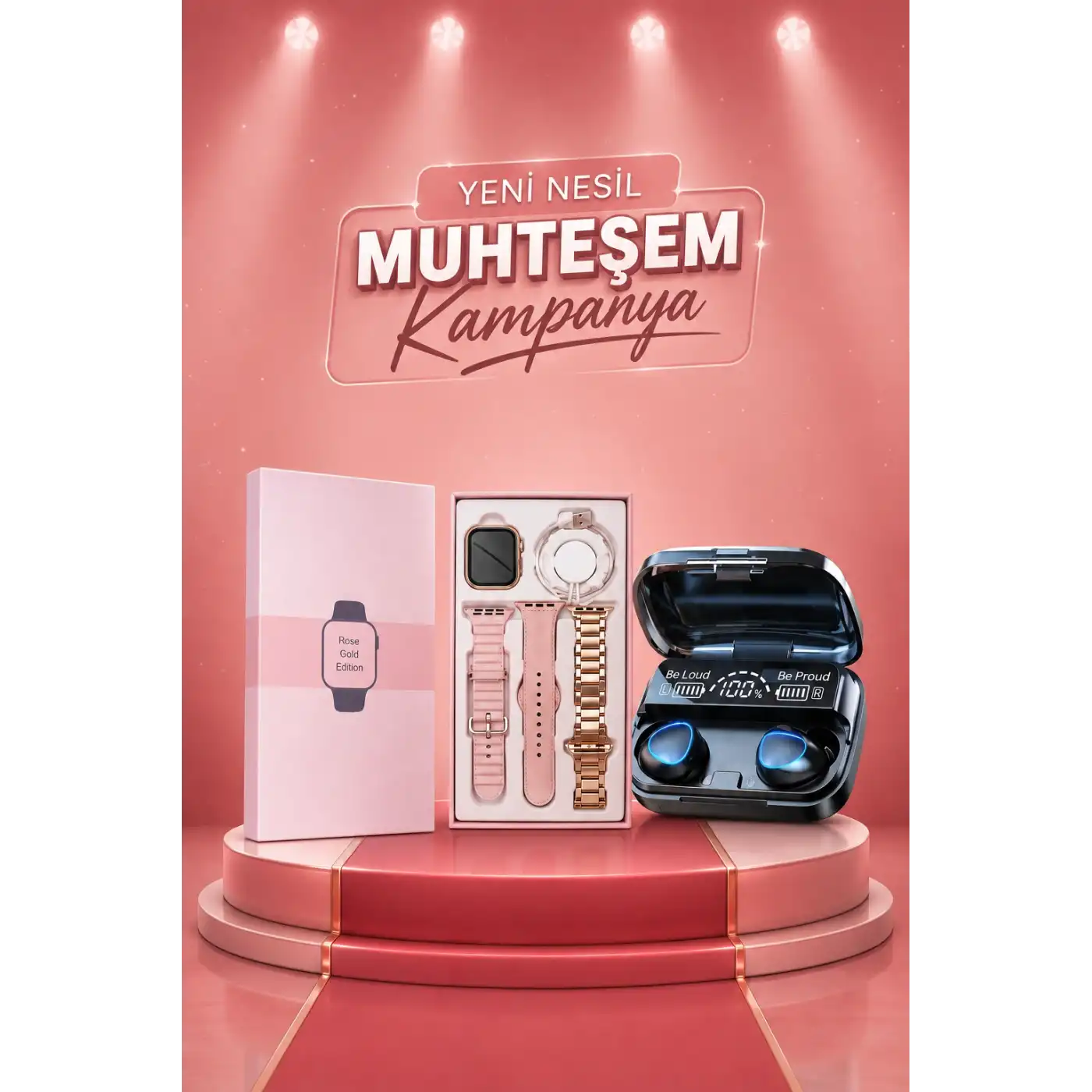 Aksesuar Hediyeli Akıllı Saat ve Dijital Göstergeli Powerbankli Bluetooth Kulaklık