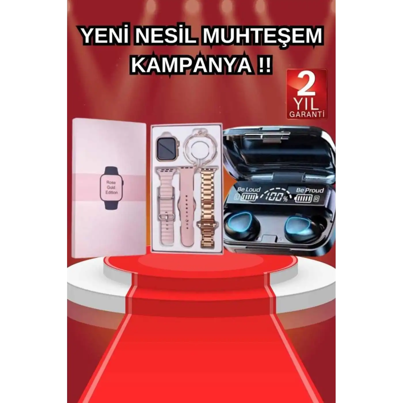 Aksesuar Hediyeli Akıllı Saat ve Dijital Göstergeli Powerbankli Bluetooth Kulaklık