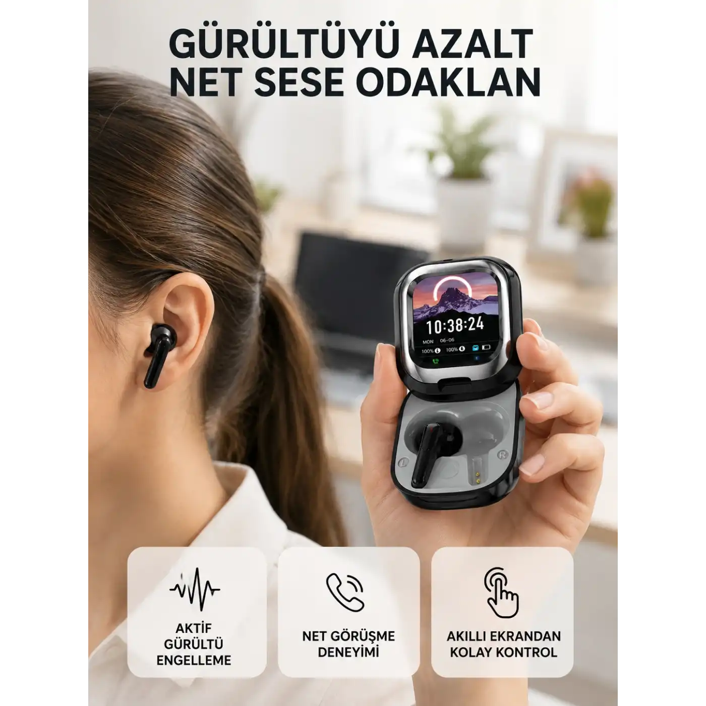 Aktif Gürültü Engelleme Özellikli Kablosuz Kulaklık – Akıllı Ekranlı Şarj Kutusu