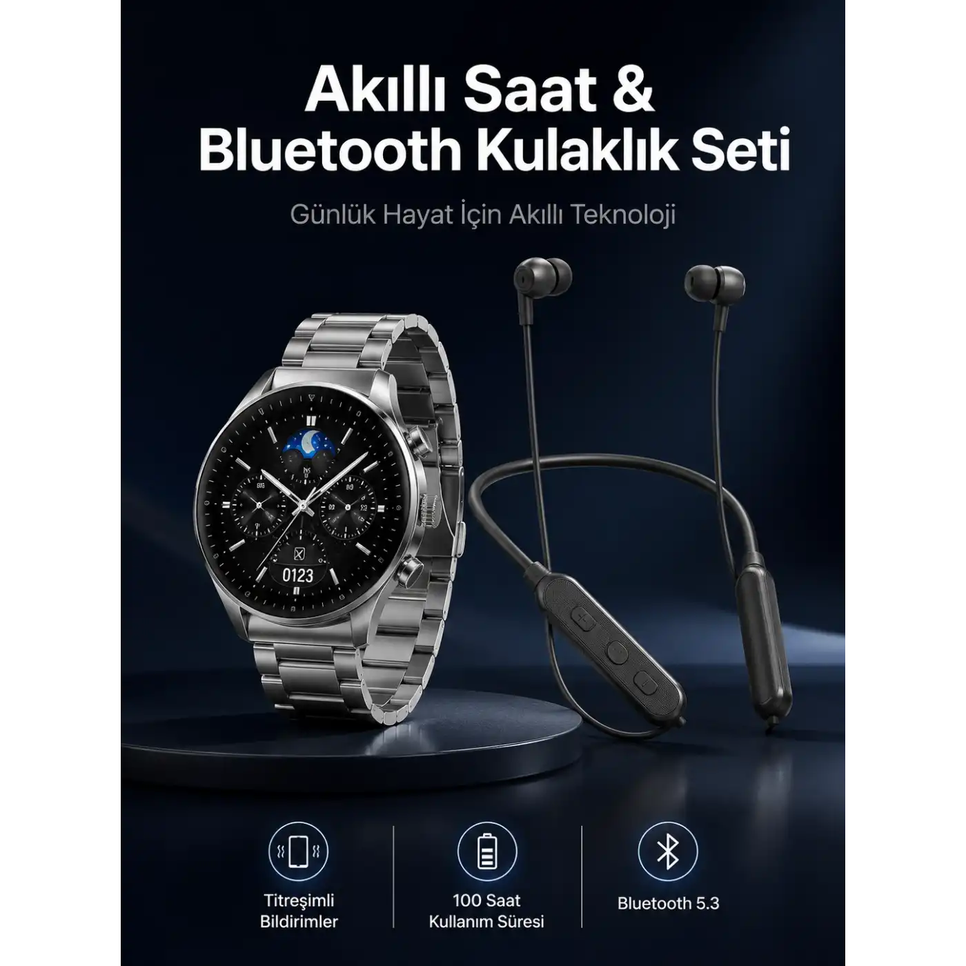 Alarm ve Titreşim Özellikli Akıllı Saat ve Mikrofonlu Kablolu Bluetooth Kulaklık 60 Saat