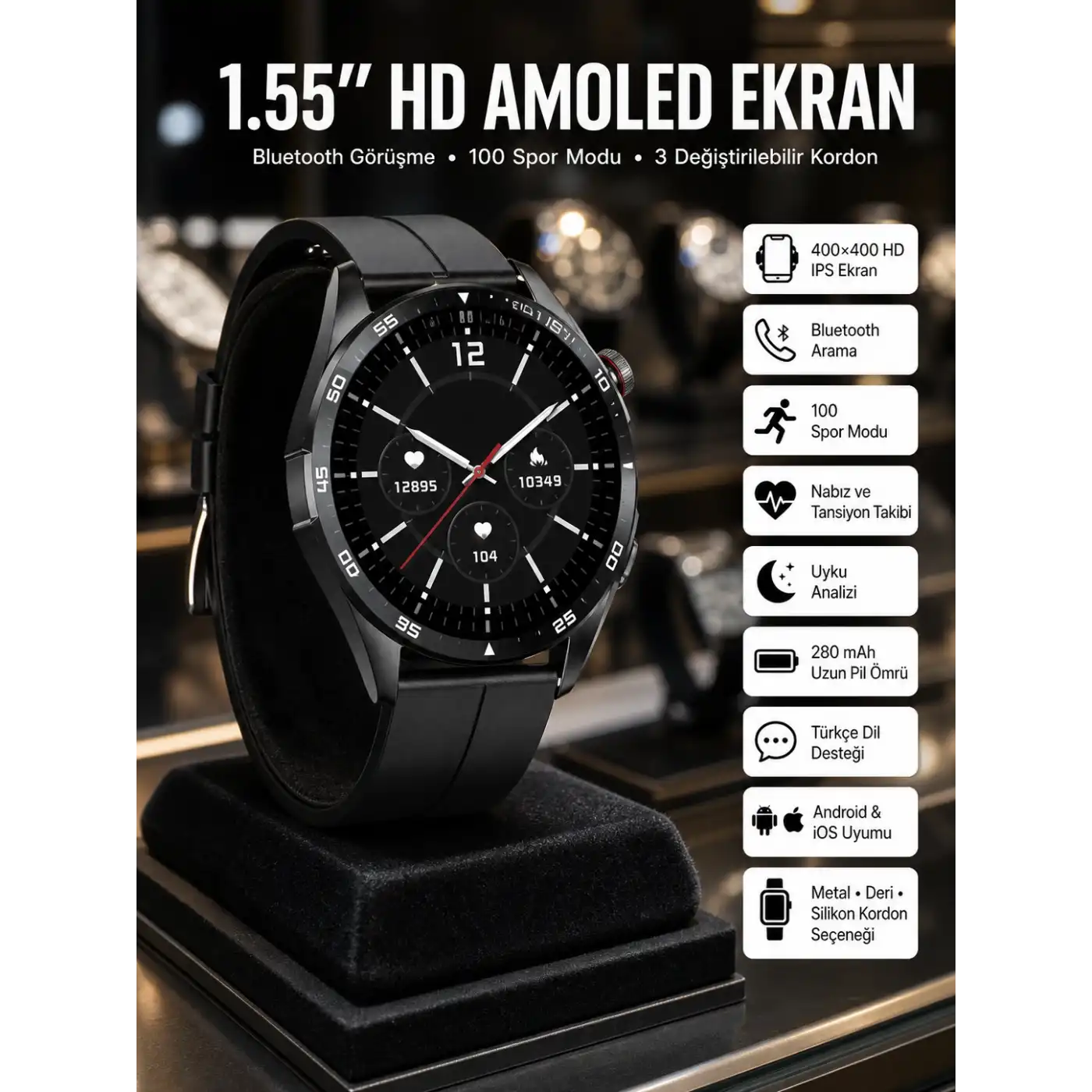 Amoled Ekran 3 Kordonlu Akıllı Saat 5.0 Bluetooth Bağlantılı Android ve İOS Uyumlu